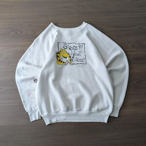 Vintage Distressed Paint Splattered Comic Stressed Cat Shoebox Crewneck White L